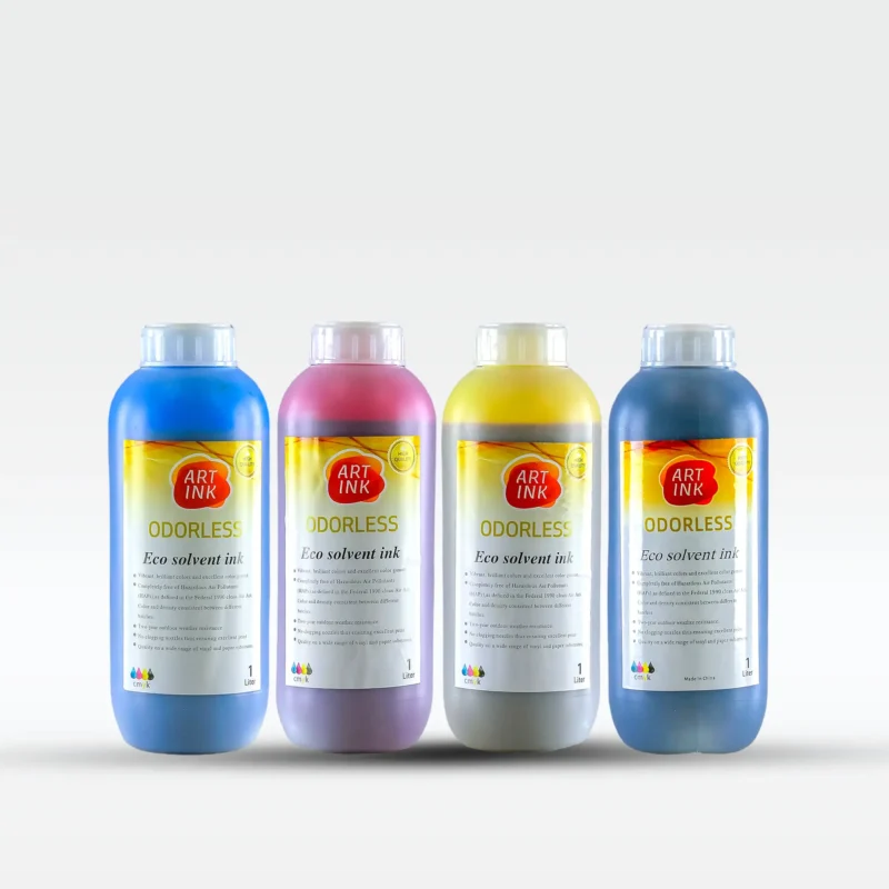 عبوة حبر إيكو سولفنت Eco Plus، تستخدم في الطباعة الرقمية على الفينيل والفلكس بجودة عالية وبدون رائحة، مثالية لمحلات الطباعة في اليمن